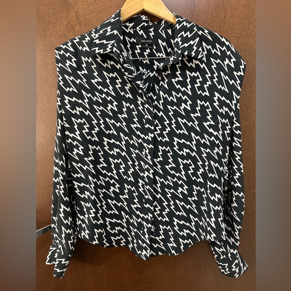 ❗️ ISABEL MARANT Igalki printed stretch-silk shirt black/white button up blouse